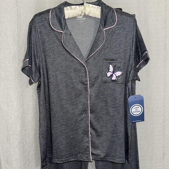 Life is Good L-XL Gray Pink Trim Notch Collar 2 pc Short Sleeve Top Pants PJ Set - Picture 9 of 16